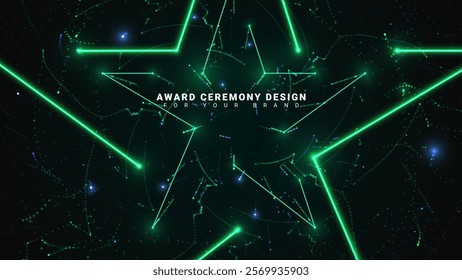 Award ceremony background design in futuristic technology concept with glowing blue and green stars in dark galaxy.