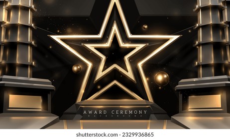 Award ceremony background with gold star frame and black podium with ball elements floating around with golden light effect and bokeh decoration. Elegant style scene design.