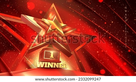 Award ceremony background with podium and 3d gold star element and glitter light effect decoration. Three dimensional winner lettering with number 1 on red trophy. Sparkling luxury scene. [[stock_photo]] © 