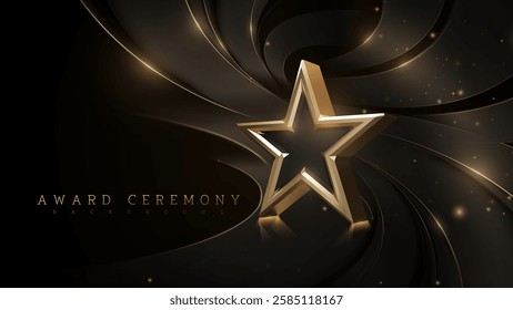 Award ceremony background template with 3D gold stars and black ribbons decorated with a shimmering glow effect, black luxury background.