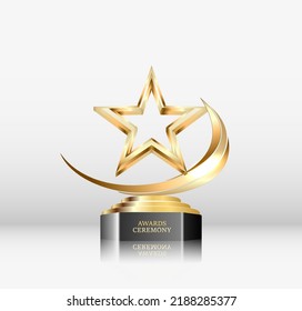 Award ceremony cup with 3d gold star element and glitter light effect decoration. Vector.