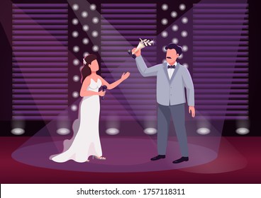 Award Ceremony Flat Color Vector Illustration. Prestigious Show Presenter And Winner 2D Cartoon Characters With Stage On Background. Public Celebration Event. Celebrity Recognition, Fame Achievement