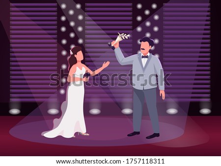 Award ceremony flat color vector illustration. Prestigious show presenter and winner 2D cartoon characters with stage on background. Public celebration event. Celebrity recognition, fame achievement