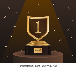 An award ceremony to give the trophy to the winner of the year-end award illustration set. champion, reward, prize, special. Vector drawing. Hand drawn style.