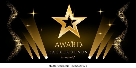 Award ceremony luxurious vector background with golden sparkles and stars. Holiday postcard, web banner, greeting, invitational backdrop with golden dust.