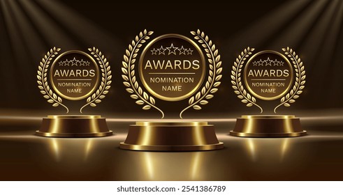 Award ceremony nomination name podium, golden prize event, scene star ceremony. Vector illustration