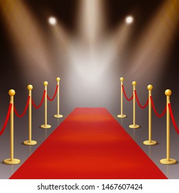 Award ceremony red carpet and golden stanchions illuminated by spotlights 3d realistic vector illustration on night background. Festive event or celebrity entrance concept.