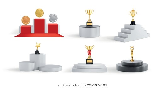 Award ceremony set with isolated compositions of trophies medals and cups on podiums on blank background vector illustration