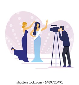 Award Ceremony Shooting Flat Vector Illustration. Hostess, Winner and Cameraman Cartoon Characters. Beauty Queen in Fashionable Evening Gown Receives Sash and Tiara. Beauty Contest, Feminine Show