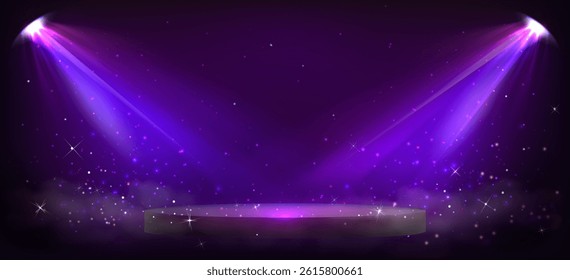 Award ceremony stage in purple lights and sparkles. Vector realistic illustration of empty round podium on black background illuminated by concert spotlights, shimmering particles in air, party banner