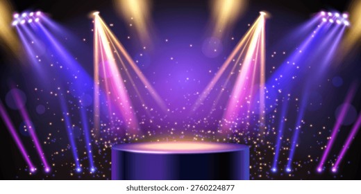 Award ceremony stage realistic vector background with round podium under golden spotlight. Luxury show, design with glitter gold stars and blue and purple lights, winner presentations