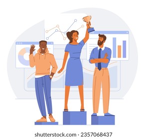 Award ceremony. Woman winner stands on podium with a Winner cup to first-place. Business competition. Office work and business, creative teamwork vector illustration.