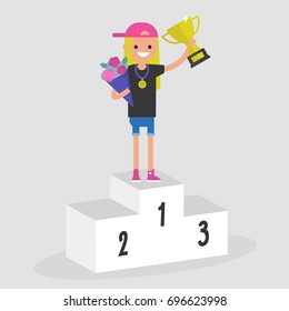 Award ceremony. Young female character holding a champion cup and a bouquet of flowers. Success. Victory. The best. Flat editable vector illustration, clip art