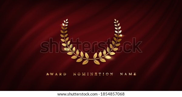 Award\
ceremonyposter template. Golden laurel wreath isolated on red wavy\
curtain background. Vector awarding banner\
design