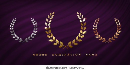 Award ceremonyposter template. Golden, silver and bronze laurel wreath isolated on purple curtain background. Vector awarding banner design