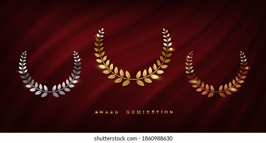 Award ceremonyposter template. Golden, silver and bronze laurel wreath isolated on red curtain background. Vector awarding banner design