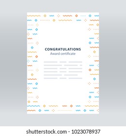 Award certificate, border with falling confetti pattern, abstract background, minimalist festive decoration, celebration backdrop concept, vector line illustration