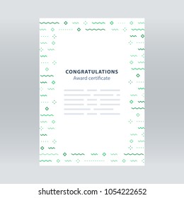 Award certificate, border with falling confetti pattern, abstract background, minimalist festive decoration, celebration backdrop concept, vector line illustration