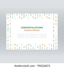 Award certificate, border with falling confetti pattern, abstract background, minimalist festive decoration, celebration backdrop concept, vector line illustration