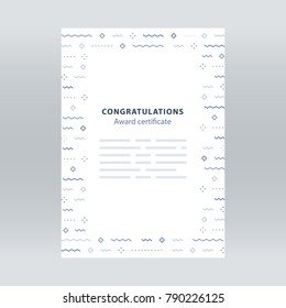 Award certificate, border with falling confetti pattern, abstract background, minimalist festive decoration, celebration backdrop concept, vector line illustration