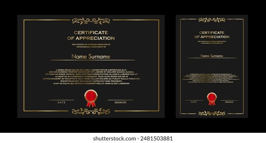 Award Certificate Design with black background and blank badge and gold frame border. Vector Illustration.