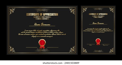 Award Certificate Design with black background and blank badge and gold frame border. Vector Illustration.