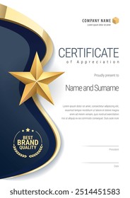 Certificado de prêmio com um design de estrela em cores azul e dourado. Modelo Diploma de design moderno ou cartão-presente. Ilustração vetorial.