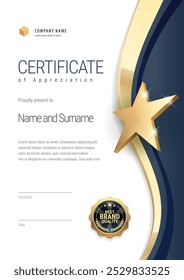 Certificado de prêmio com um design de estrela em cores azul e dourado. Modelo horizontal Diploma de design moderno ou cartão-presente. Ilustração vetorial.