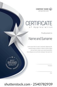 Certificado de prêmio com um design de estrela em cores azul e prata. Modelo horizontal Diploma de design moderno ou cartão-presente. Ilustração vetorial.