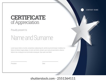 Certificado de prêmio com um design de estrela em cores azul e prata. Modelo horizontal Diploma de design moderno ou cartão-presente. Ilustração vetorial.