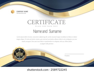 Award certificate with a star design in blue and gold colors. Horizontal template Diploma of modern design or gift certificate. Vector illustration.