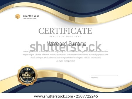 Award certificate with a star design in blue and gold colors. Horizontal template Diploma of modern design or gift certificate. Vector illustration.