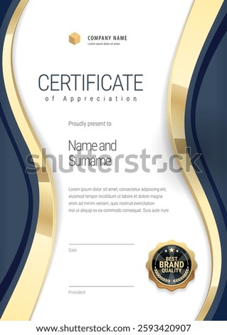 Award certificate with a star design in blue and gold colors. Horizontal template Diploma of modern design or gift certificate. Vector illustration.
