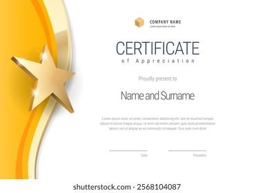 Award certificate with a star design in orange and gold colors. Horizontal template Diploma of modern design or gift certificate. Vector illustration.