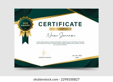 Award certificate template. fancy green color gradation, with gold border. line pattern, wave, vector illustration