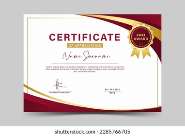 Award certificate template. fancy red color gradation, with gold outline. line pattern, wave, vector illustration