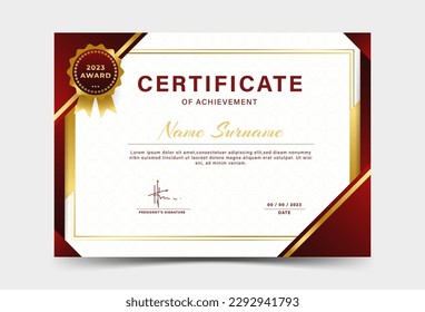 Award Certificate Template Layout with Badges, red and gold gradation, luxury, elegant, eps 10