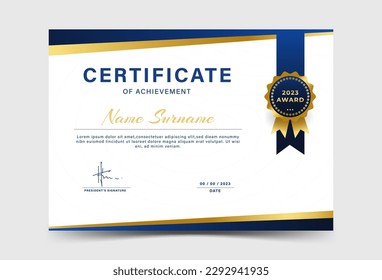 Award Certificate Template Layout with Badges, blue and gold gradation, luxury, elegant, eps 10