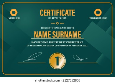 Award certificate template on dark green background.  Elegant landscape certificate design.