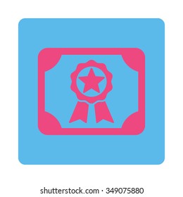 Award Certificate vector icon. Style is flat rounded square button, pink and blue colors, white background.