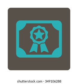 Award Certification vector icon. Style is flat rounded square button, cyan and grey colors, white background.