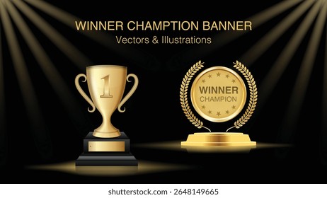 Bandeira do Campeão do Prêmio - Copa de Ouro e Cena do Prêmio Troféu para Cerimônia, Evento do Vencedor, Vencedor do Esporte e Campeão. Ilustração de vetor