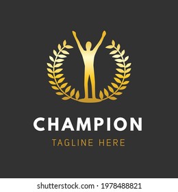 Award Champion Trophy Winner Leader Abstract Human Figure and Gold Wreath Logo Icon Statue Concept