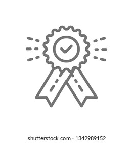 Award with check mark, best choice, quality control, winner, victory line icon.