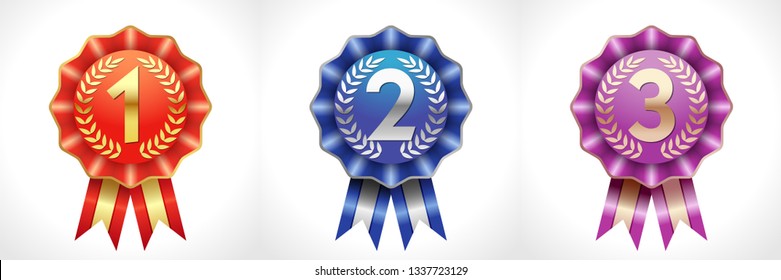 Award colored numbers, logotype set. Isolated abstract graphic design template. Coloured icons, victory symbols. Celebrating congratulating decorative 1 st, 2 nd 3 rd collection of signs. Vector cups.