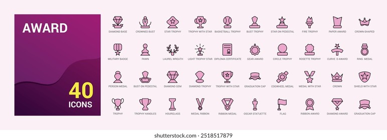 Award colorful icon collection. Color icons of winner medal, victory cup and trophy reward. Line icon for web and ui. Icon names are written in English.