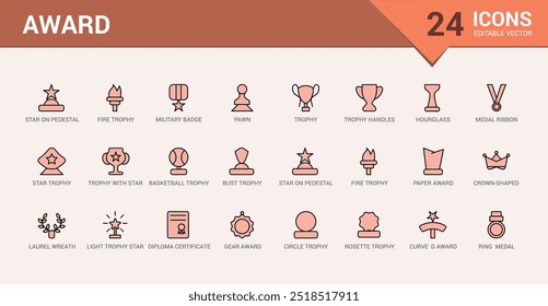 Award colorful icon collection. Color icons of winner medal, victory cup and trophy reward. Line icon for web and ui. Icon names are written in English.