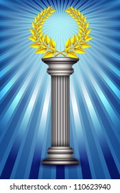 Award column with golden winner laurel wreath over sky blue rays background. Vector EPS10 illustration. Raster file included in portfolio