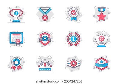 Award concept flat line icons set. Trophies for winner. Bundle of cup, medal, order, star, certificate, crown, belt, prize, ribbon and other. Vector conceptual pack outline symbols for mobile app