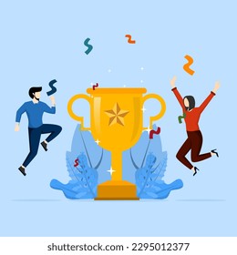 award concept, Recognition of a proud employee or worker of the month business concept flat style design vector illustration. Young adults jump in the air with trophies.